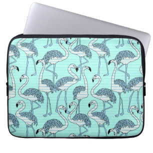 Quirky Striped Turquoise Flamingos Pattern Laptop Sleeve