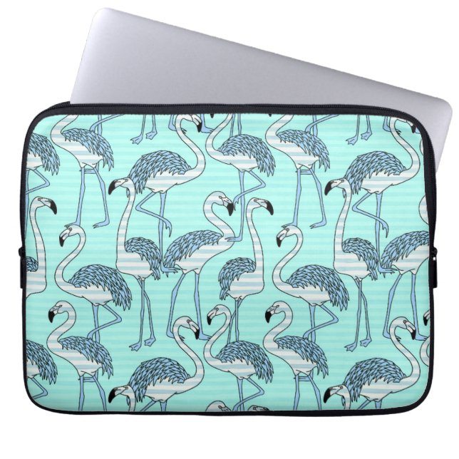 Quirky Striped Turquoise Flamingos Pattern Laptop Sleeve (Front)