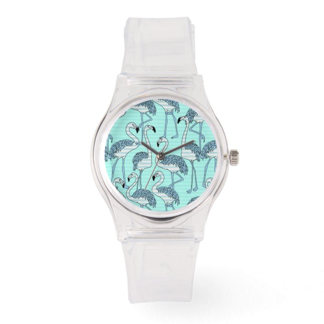 Quirky Striped Turquoise Flamingos Pattern Watch (Front)