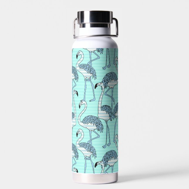 Quirky Striped Turquoise Flamingos Pattern Water Bottle (Back)
