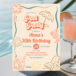 Quirky Summer Theme Pool Party Adult Birthday Invitation