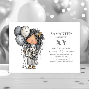 Quirky Teenager Girl Black Gold Birthday Party  Invitation