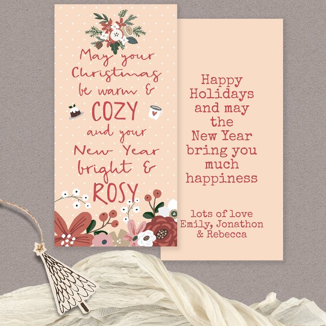Quirky Text Florals Cosy Christmas Rosy New Year Holiday Card (Front and back view)