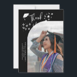 Quirky Thank You Stars Black Graduate Photo Announcement<br><div class="desc">Quirky and whimsical graduation announcement photo card featuring a curved photo on the front and 1 on the back. The text says "Thank You" with hand drawn stars and a graduation cap. Add the graduate's name,  information,  and message to personalize this card. Black background.</div>