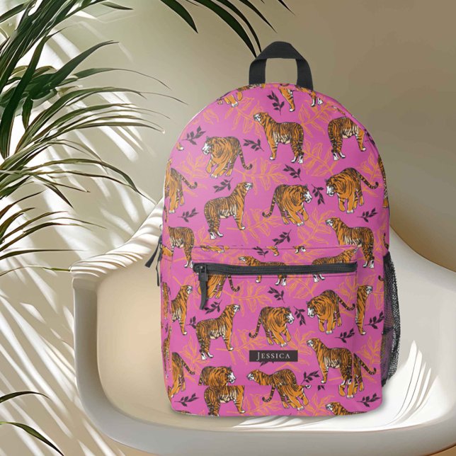 Quirky Tiger Pattern on Bright Pink Printed Backpack (You'll just go wild for this “roarsome” tiger pattern on pink)