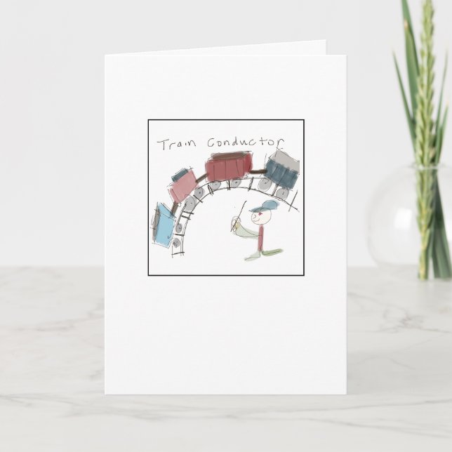 Quirky Train Conductor Illustrated Card (Front)