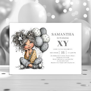 Quirky Trendy Girl Birthday Gold Black invitation