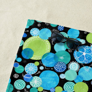 Quirky Turquoise Blue Neon Green Emerald on Black Beach Towel