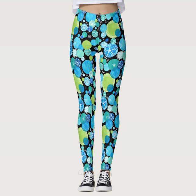 Quirky Turquoise Blue Neon Green Emerald on Black Leggings (Front)