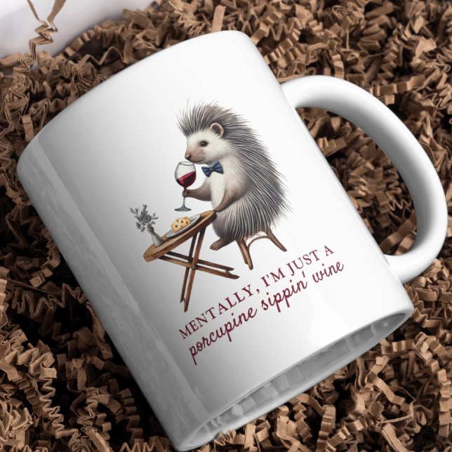 Quirky Unique Pun Porcupine Sippin' Wine Funny Coffee Mug (Fun Quirky Porcupine Wine Cute Mug - Perfect for Cozy Mornings and Funny Unique Wine Lover Gifts)