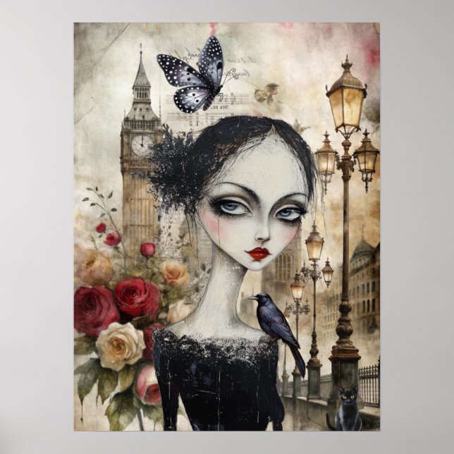 Quirky Victorian Gothic Girl & Florals London Poster (Front)