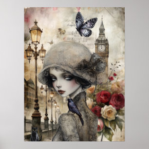 Quirky Victorian Gothic Girl & Florals London Poster