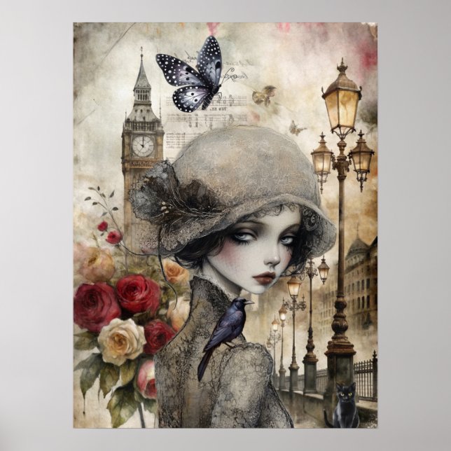 Quirky Victorian Gothic Girl & Florals London Poster (Front)