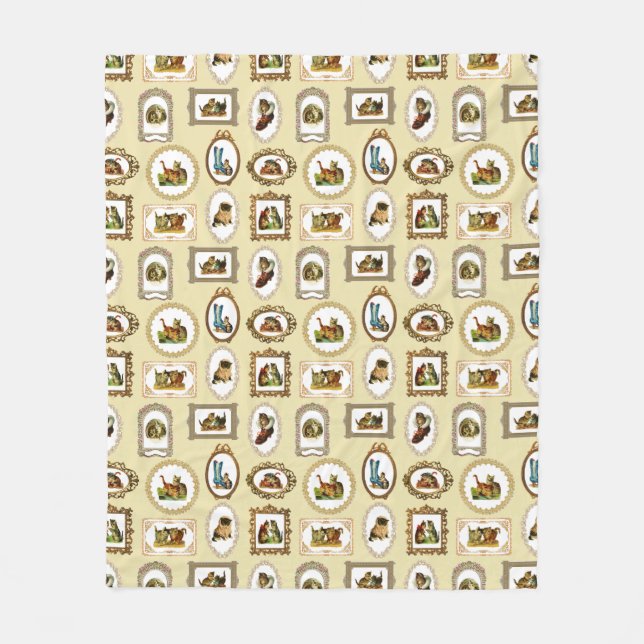 Quirky Vintage Framed Cats Pattern Fleece Blanket (Front)