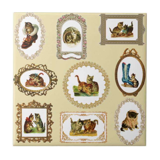 Quirky Vintage Framed Cats Pattern Tile (Front)