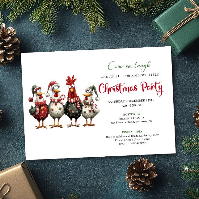 Quirky Watercolor Chickens Red Green Christmas  Invitation (Quirky Watercolor Chickens Red Green Christmas Card)