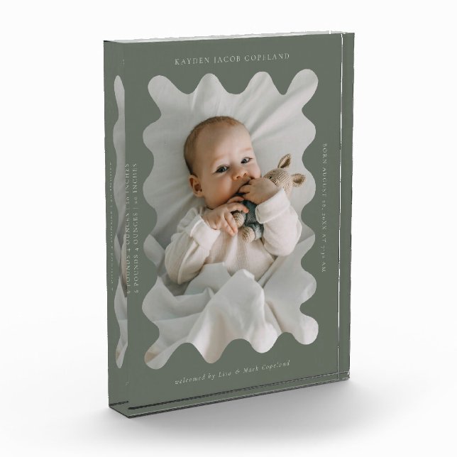 Quirky Wavy Frame Newborn Keepsake Green Photo Block (Left)