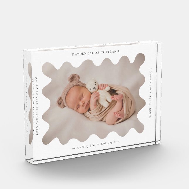 Quirky Wavy Frame Newborn Keepsake Photo Block (Left)