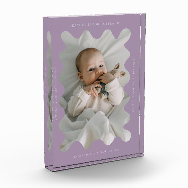Quirky Wavy Frame Newborn Keepsake Purple Photo Block (Left)