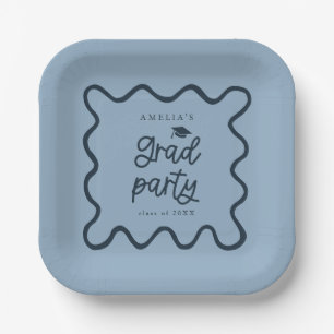 Quirky Wavy Line Navy Grad Party Paper Plate