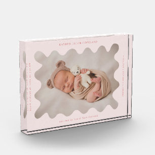 Quirky Wavy Pink Frame Newborn Keepsake Photo Block