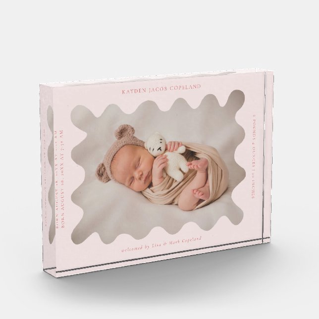 Quirky Wavy Pink Frame Newborn Keepsake Photo Block (Left)