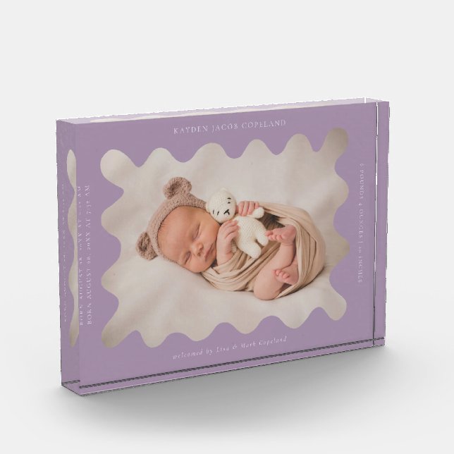 Quirky Wavy Purple Frame Newborn Keepsake Photo Block (Left)