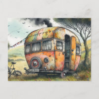 Quirky Weathered Caravan Camper Watercolor Style
