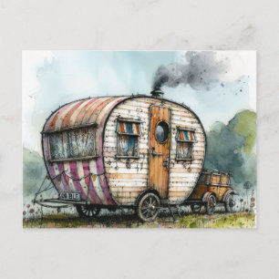 Quirky Weathered Caravan Camper Watercolor Style  Postcard