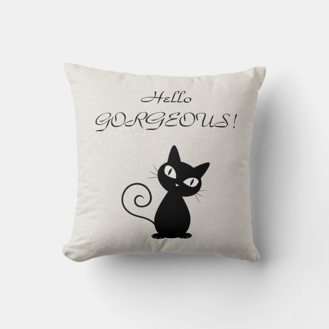 Quirky Whimsical Black Cat Glittery-Hello Gorgeous Cushion (Front)