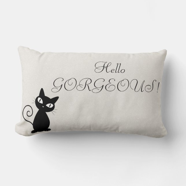 Quirky Whimsical Black Cat Glittery-Hello Gorgeous Lumbar Cushion (Front)