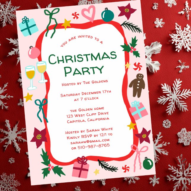 Quirky Whimsical Christmas Party CUSTOM Invitation (Quirky Whimsical Christmas Doodle Hand-drawn Pink CUSTOM Holiday Party Invitation
)