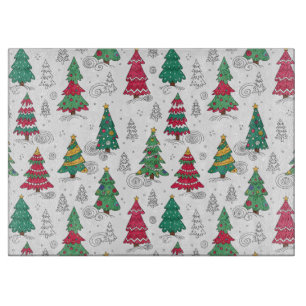 Quirky Whimsical Decorated Christmas Trees Doodles Cutting Board