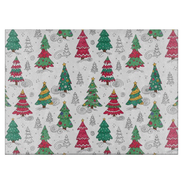 Quirky Whimsical Decorated Christmas Trees Doodles Cutting Board (Front)