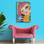Quirky Whimsical Face Neon Pink Dopamine Decor Art Faux Canvas Print<br><div class="desc">this design featuring my original hand painted mixed media art, exudes a whimsical charm and showcases an enchanting portrayal of a quirky girl with luscious, bright pink hair, standing as the focal point against a colourful abstract background. The blend of dusty blue and tangerine orange serves as the foundation for...</div>