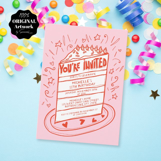 Quirky Whimsical Fun Hand Drawn Birthday Cake Invitation (Creator Uploaded)