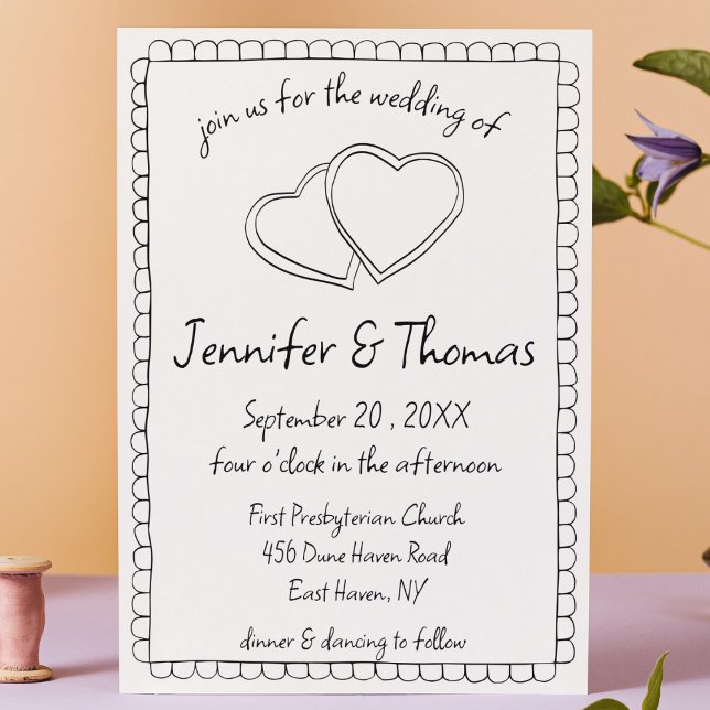 Quirky Whimsical Hand Drawn Heart Wedding Invitation (quirky hand drawn funky whimsical handwritten wedding invitation modern black and white hearts cute)
