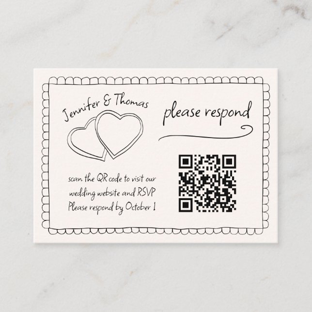 Quirky Whimsical Hand Drawn Wedding QR code RSVP Enclosure Card (Front)