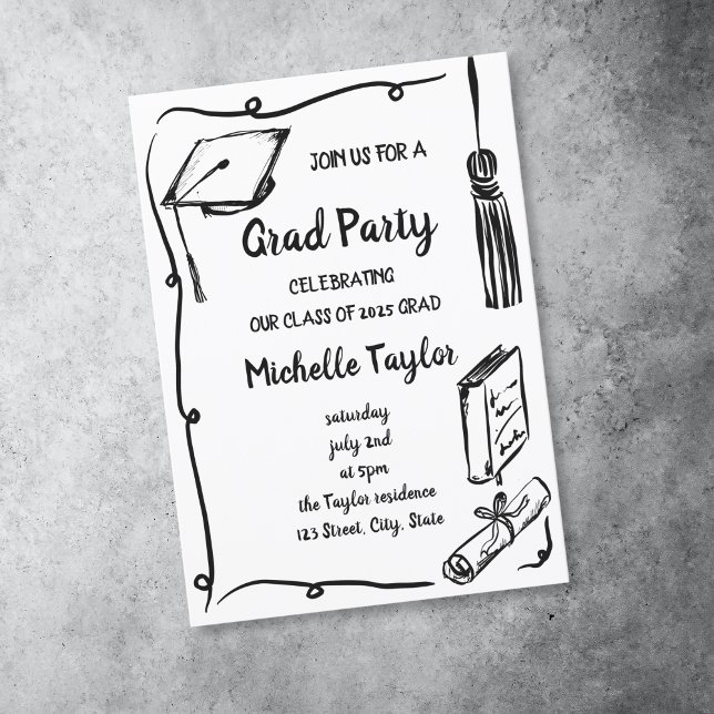 Quirky Whimsical Unique Hand Drawn Grad Party Invitation (black and white doodle grad party invitation with wavy frame, grad hat, diploma and book)
