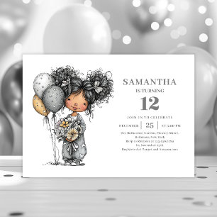 Quirky Whimsy Girl 10th Birthday Black Gold invite