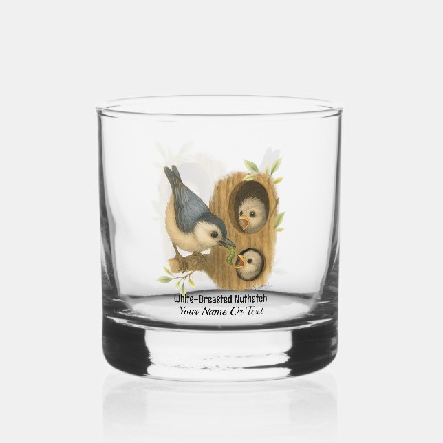 Quirky White-Breasted Nuthatch Whiskey Glass (Front)