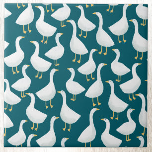 Quirky White Goose Teal Green Cottagecore Pattern Tile