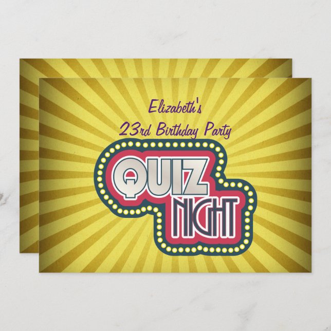 Quiz Night BirthdayTrivia Party Yellow Sunburst Invitation (Front/Back)