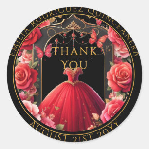 Quniceanera Favour Gifts Red Roses Dress Thank You Classic Round Sticker