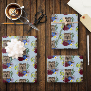 Quokka Happy Australia Floral Blue Wrapping Paper Sheet