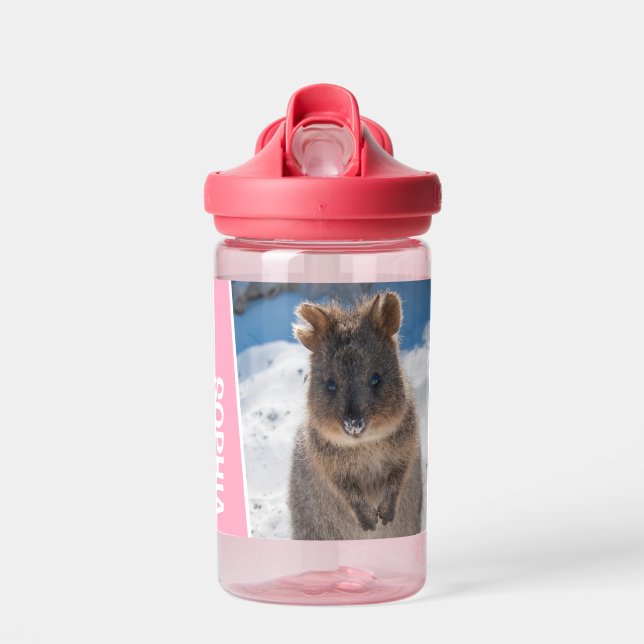 Quokka on the Beach Australia, Pink Accent Girls Water Bottle (Front)