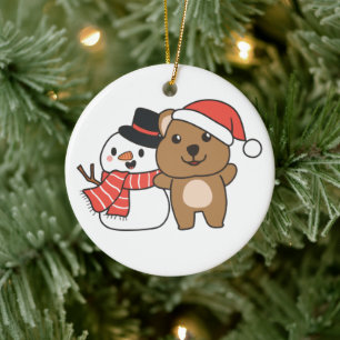 Quokka With Snowman In Winter At Christmas Ceramic Tree Decoration