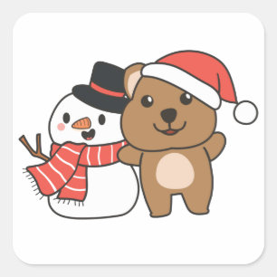 Quokka With Snowman In Winter At Christmas Square  Sticker