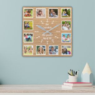 Quote from 12 Grandchildren Wooden Photo Collage Square Wall Clock