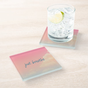 Quote JUST BREATHE Pastel Pink Blue Sky Modern Glass Coaster